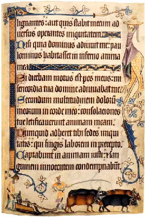 Page from a 14th-century psalter(Vulgate Ps 93:16–21), with Textualis Presciscus “sine pedibus” text. 