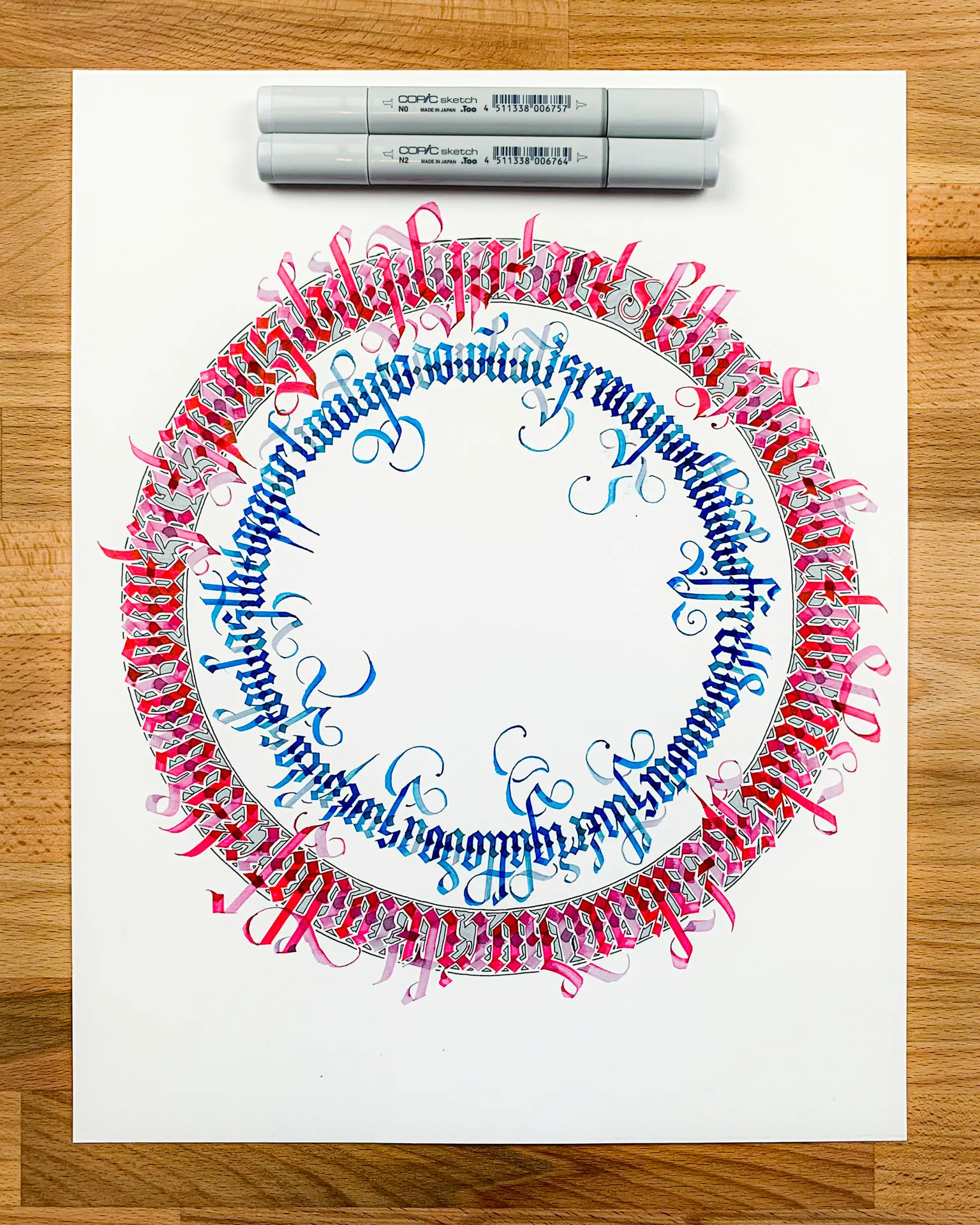 adding shadows to the calligram using the copic brush pens