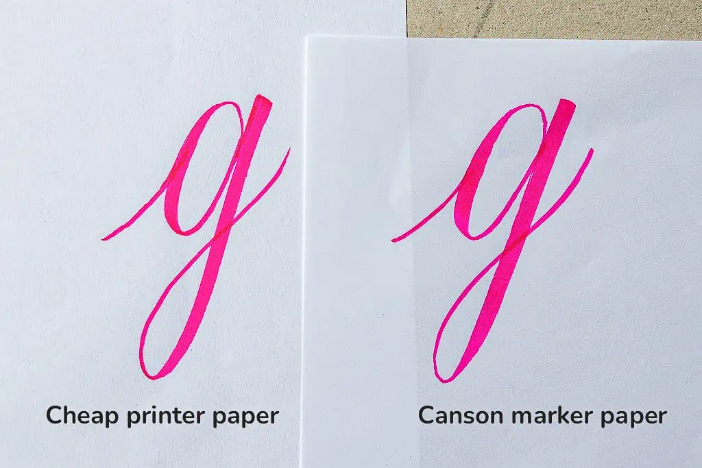 Brush calligraphy comparison on cheap print paper vs. Canson Marker paper. 