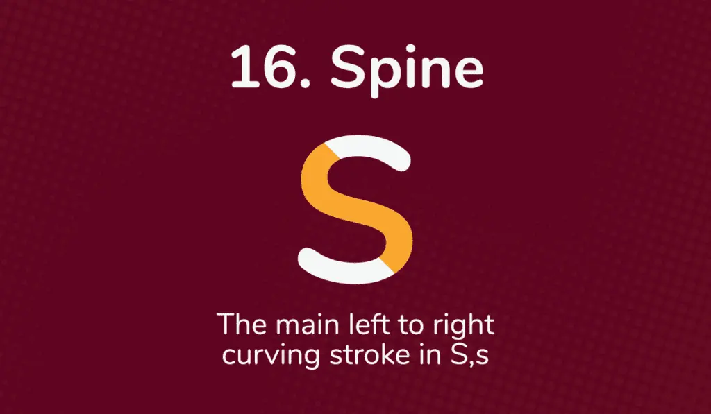 The spine of a capital S is shown in yellow on a dark red background