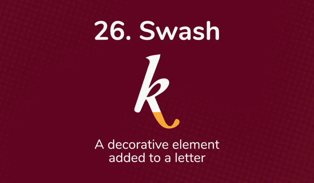 The swash of a k is shown in yellow on a dark red background