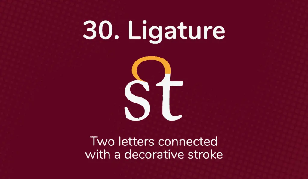 The ligature of a lowercase s and t is shown in yellow on a dark red background