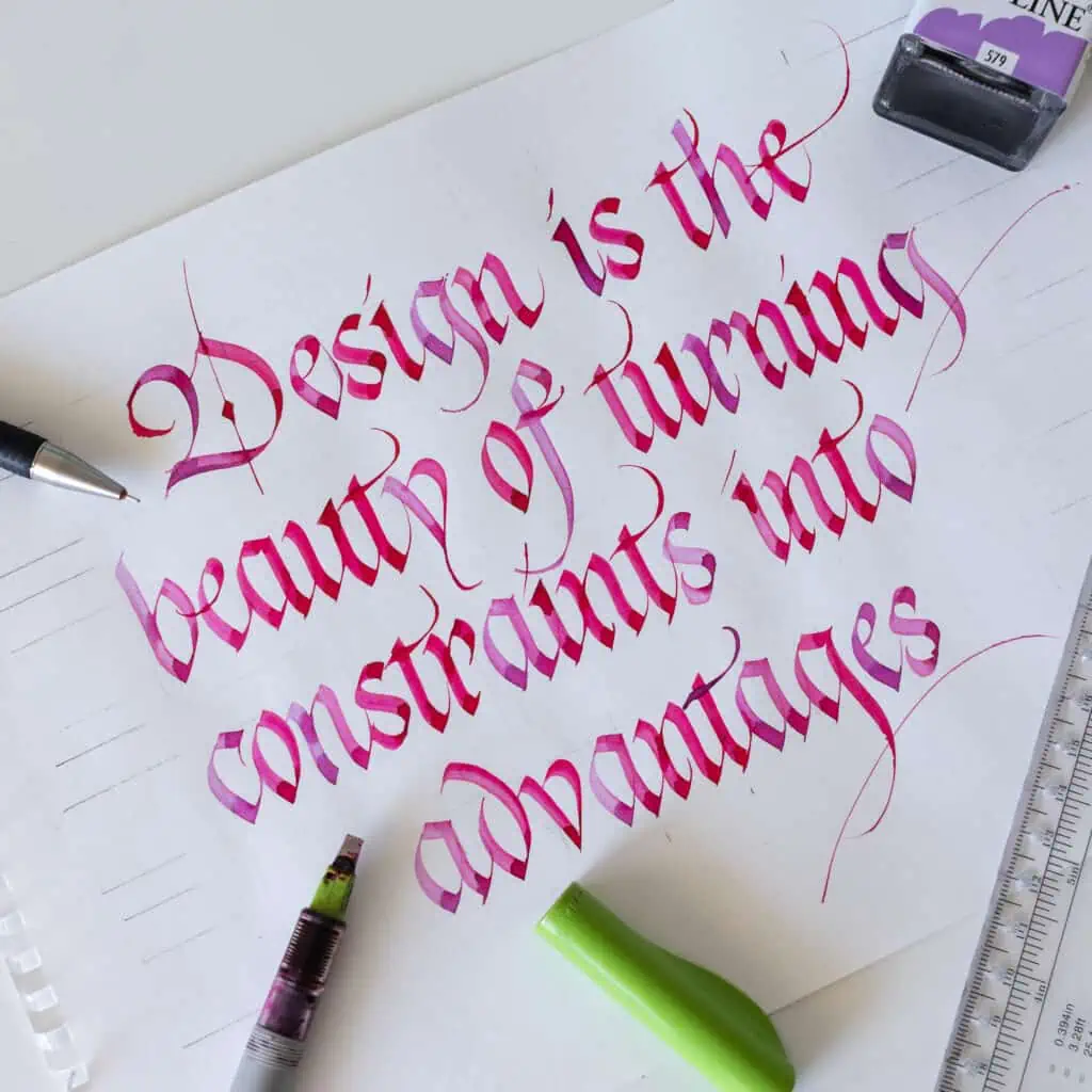 Calligraphy quote written in gothicized italic style. 