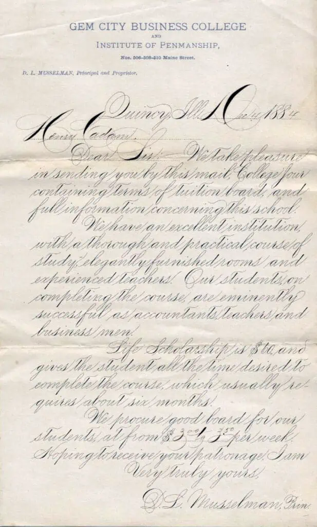 Spencerian script example by D.L. Musselman (1884)