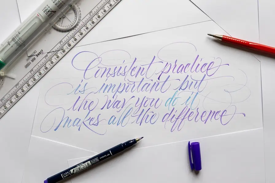 Purple brush calligraphy written on white paper. 