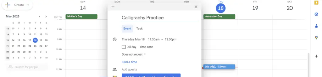 scheduling calligraphy practice in google calendar to maintain consistency. 